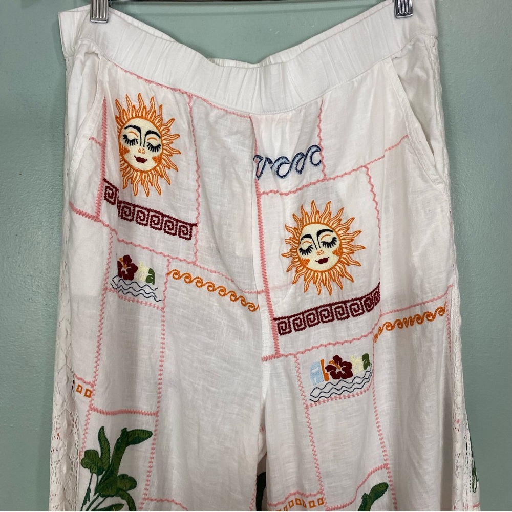 Anthropologie Pilcro Embroidered Patchwork Pants Tropical Vacation Baggy L Tall - Picture 3 of 11